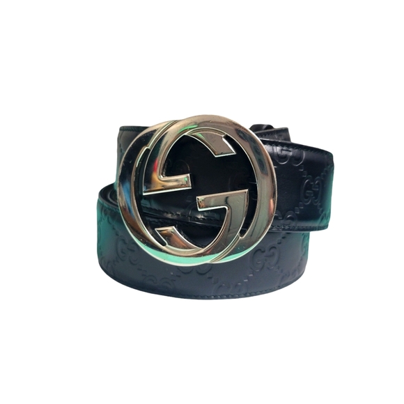 Gucci Guccissima Black Leather Belt Silver Interlocking GG 95/38 - Picture 4 of 8